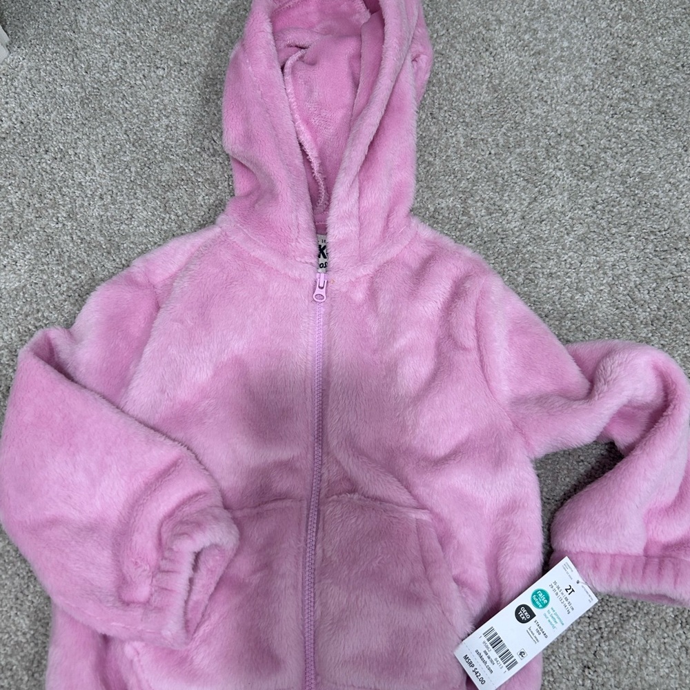 Kids Plush Hooded Zip-Up Jacket - Pink